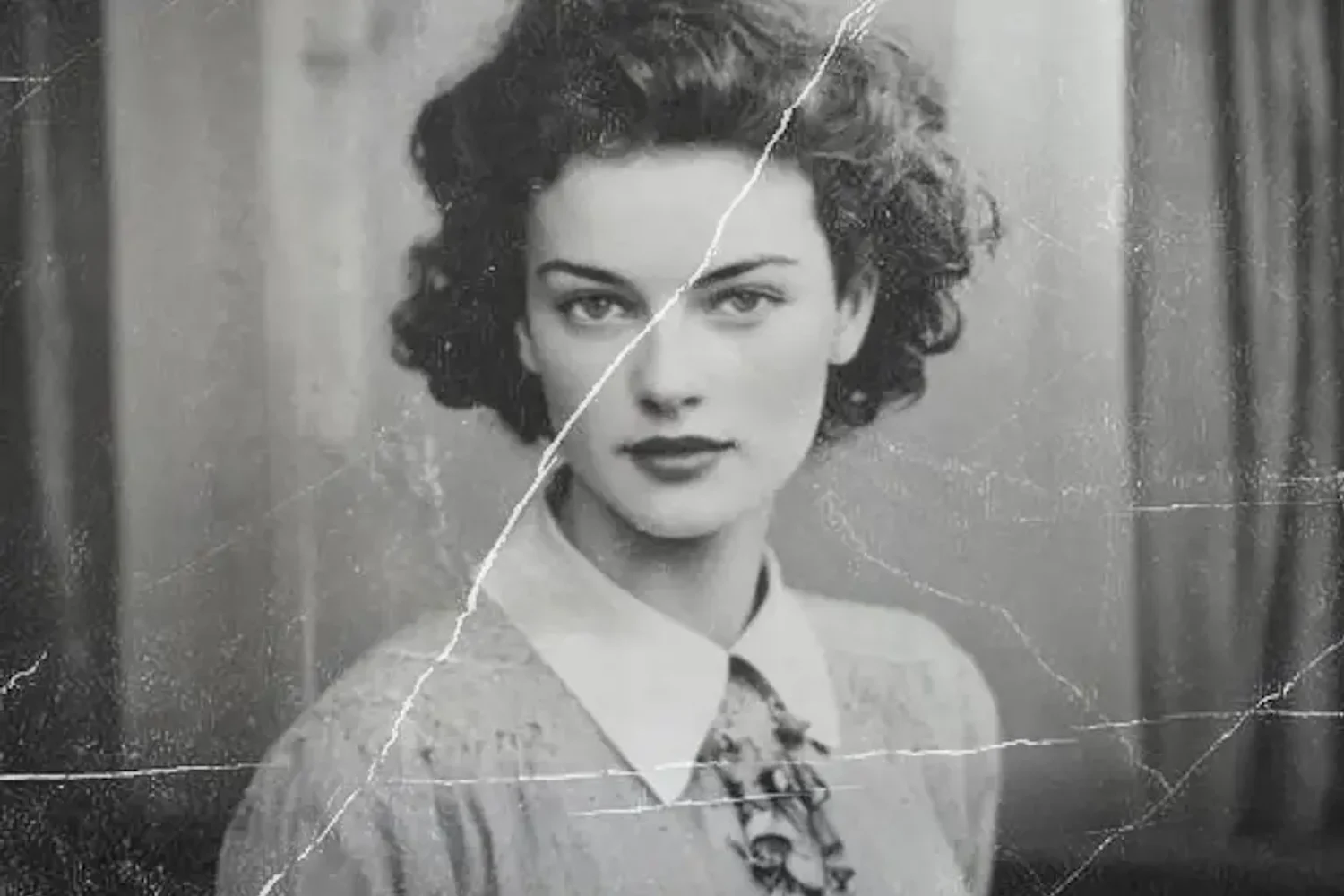 Photo before restoration: scratched, black and white